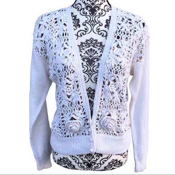Vintage 90s Erika White Floral Crochet Cardigan Sweater Cotton Ramie L Cottage - Picture 12 of 12